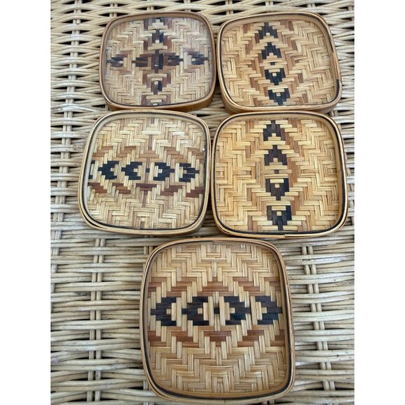 Vintage 70s Wicker Rattan Set of 5 coasters Barware Retro Boho - Picture 2 of 12